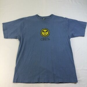 Obey Sunshine Graphic T-Shirt Blue/Yellow Sun Giant Logo Men's Size Large